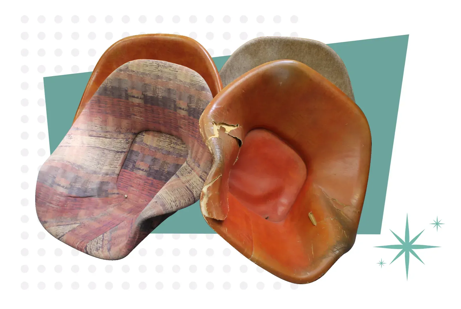 Saarinen Womb Lounge chair seats with torn fabric and leather ready to be restored