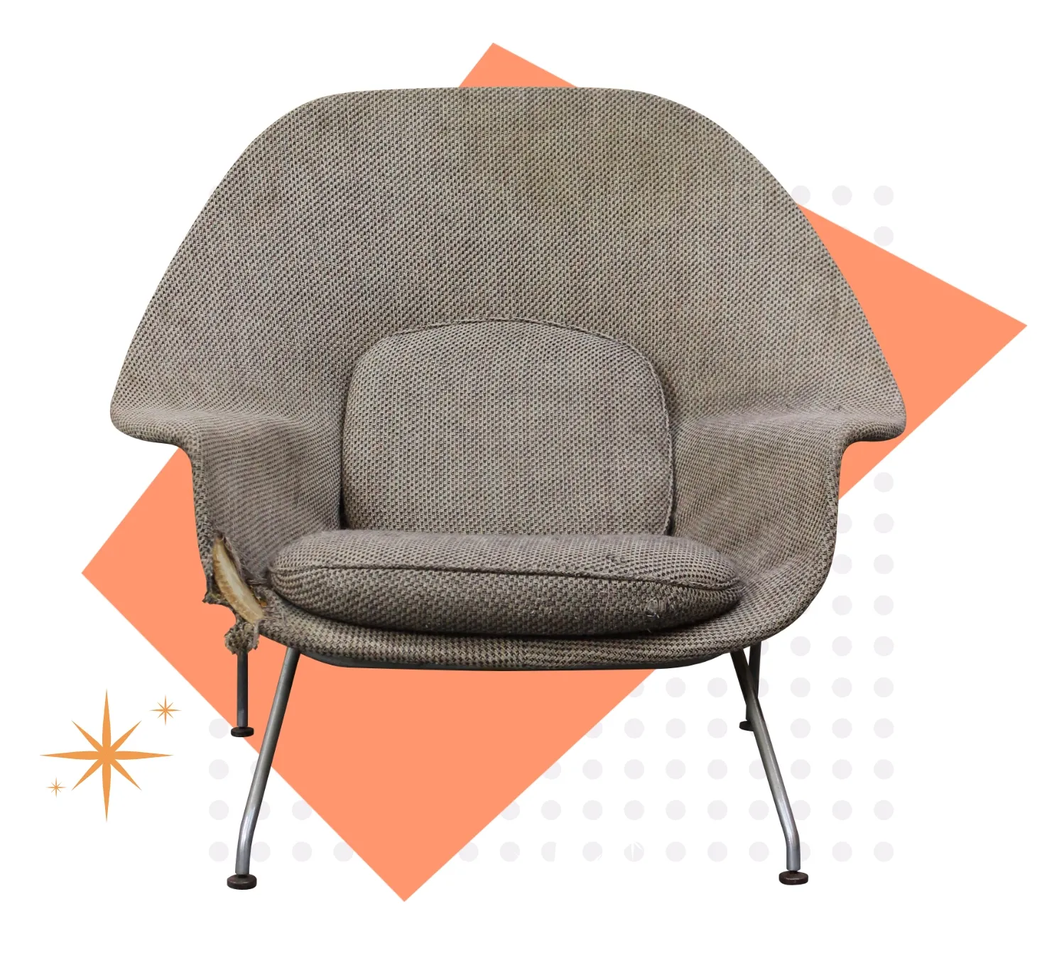 Old, torn Saarinen Womb Lounge chair before restoration